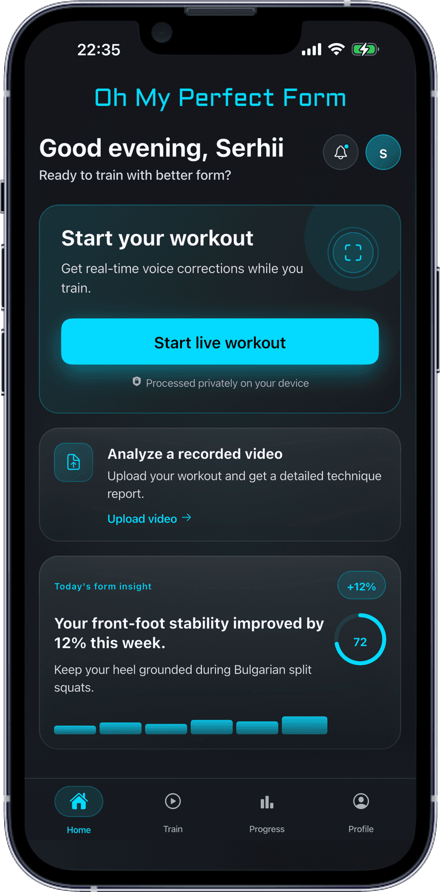 Oh My Perfect Form app home dashboard on iPhone